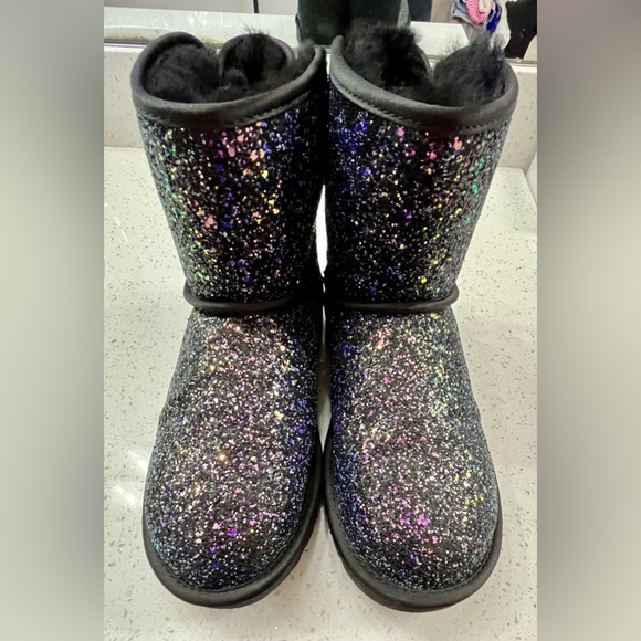 Ugg Classic Mini Bow Cosmos Black Purple Glitter Boots - Picture 1 of 7